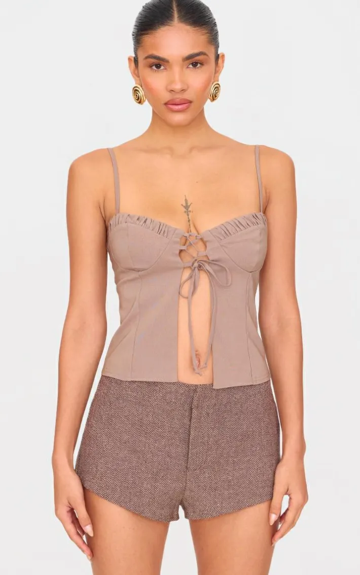 Mocha Bengaline Lace Up Ruched Bust Top