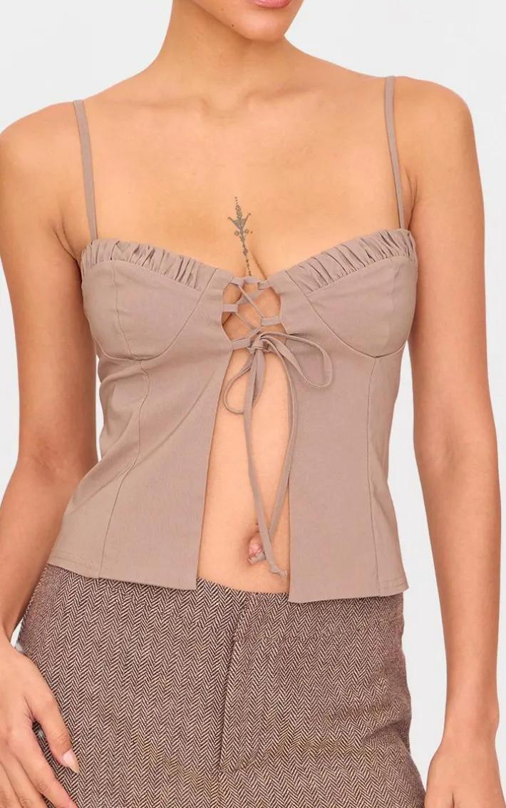 Mocha Bengaline Lace Up Ruched Bust Top