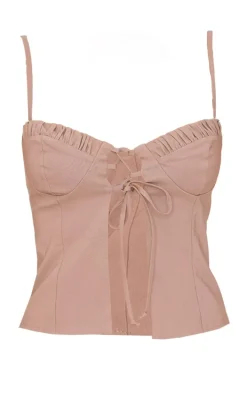 Mocha Bengaline Lace Up Ruched Bust Top