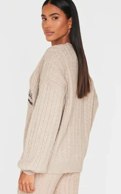 Mocha Cable Knit Embroidered V Neck Sweater