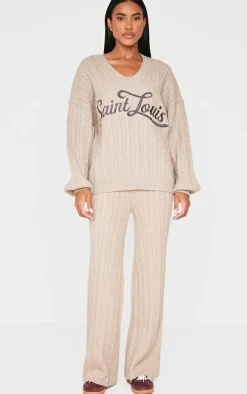 Mocha Cable Knit Embroidered V Neck Sweater