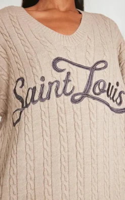 Mocha Cable Knit Embroidered V Neck Sweater