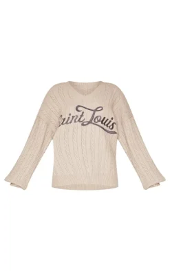 Mocha Cable Knit Embroidered V Neck Sweater