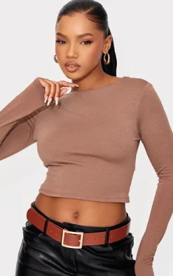 Mocha Contour Jersey Buckle Detail Backless Long Sleeve Top