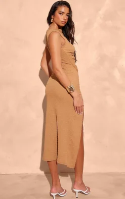 Mocha Crinkle High Neck Cut Out Midi Dress