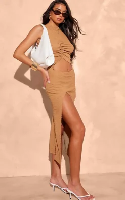 Mocha Crinkle High Neck Cut Out Midi Dress