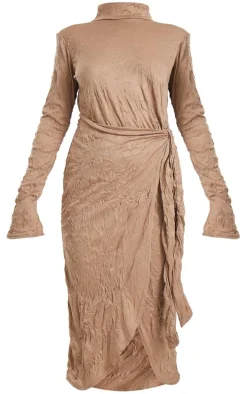 Mocha Crinkle High Neck Wrap Midi Dress