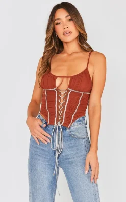 Mocha Diamond Lace Up Mesh Corset
