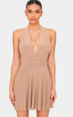 Mocha Double Layer Slinky Halter Neck Tie Back Shift Dress
