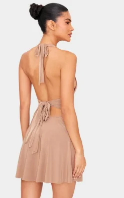 Mocha Double Layer Slinky Halter Neck Tie Back Shift Dress