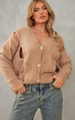 Mocha Eyelash Knit Cut Out Oversized Cardigan