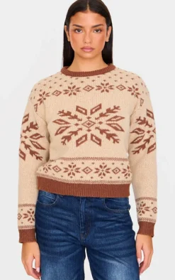 Mocha Fairisle Printed Oversized Knitted Christmas Sweater