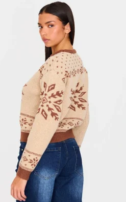 Mocha Fairisle Printed Oversized Knitted Christmas Sweater