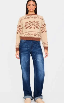 Mocha Fairisle Printed Oversized Knitted Christmas Sweater