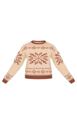 Mocha Fairisle Printed Oversized Knitted Christmas Sweater