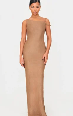 Mocha Faux Suede Twist Shoulder Maxi Dress