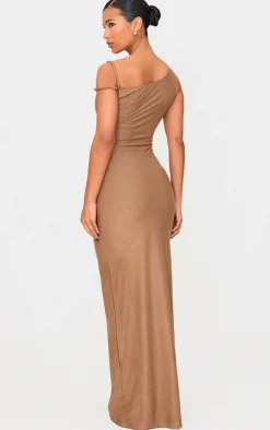 Mocha Faux Suede Twist Shoulder Maxi Dress