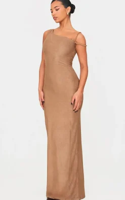 Mocha Faux Suede Twist Shoulder Maxi Dress