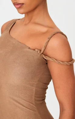 Mocha Faux Suede Twist Shoulder Maxi Dress