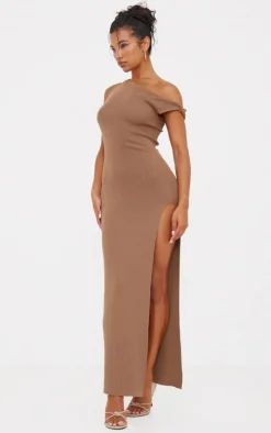 Mocha Fine Knit Twist Neck Maxi Dress