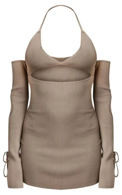 Mocha Flared Cut Out Sleeves Rib Knit Dress