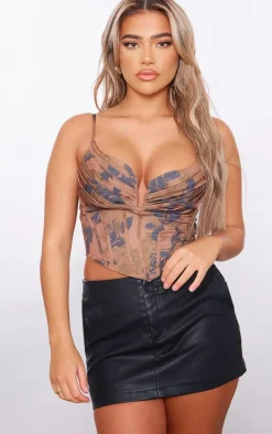 Mocha Floral Printed Strappy Pleated Bust Corset Detail Crop Top