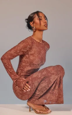 Mocha Floral Sheer Burnout Long Sleeve Maxi Dress