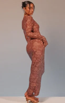 Mocha Floral Sheer Burnout Long Sleeve Maxi Dress