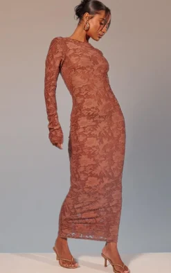 Mocha Floral Sheer Burnout Long Sleeve Maxi Dress