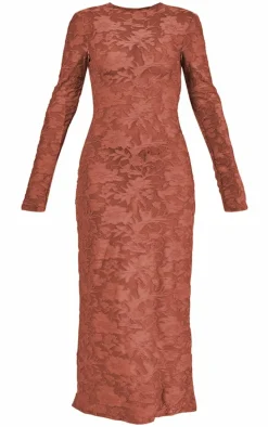 Mocha Floral Sheer Burnout Long Sleeve Maxi Dress