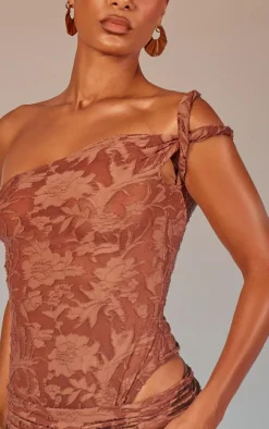 Mocha Floral Sheer Burnout Asymmetric Twist Detail Strap Bodysuit
