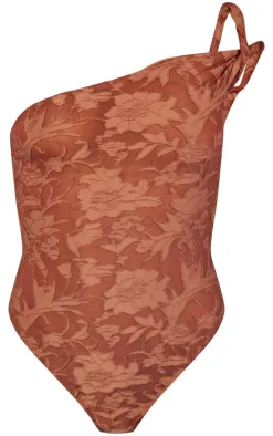 Mocha Floral Sheer Burnout Asymmetric Twist Detail Strap Bodysuit