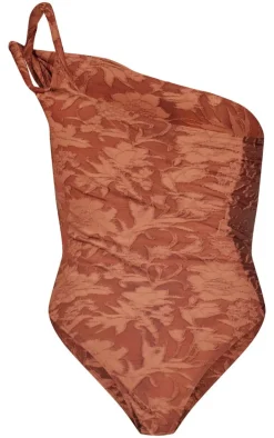 Mocha Floral Sheer Burnout Asymmetric Twist Detail Strap Bodysuit