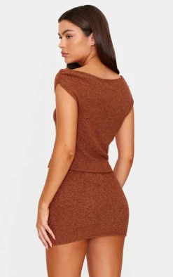 Mocha Fluffy Boucle Knit Asymmetric Ruched Shoulder Top