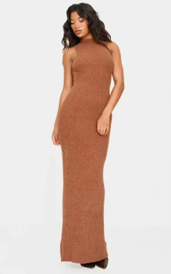Mocha Fluffy Boucle Knit Racer Maxi Dress
