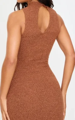 Mocha Fluffy Boucle Knit Racer Maxi Dress