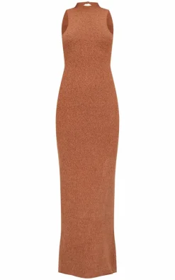 Mocha Fluffy Boucle Knit Racer Maxi Dress