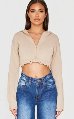 Mocha Knitted Zip Up Distressed Detail Cropped Sweater