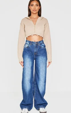 Mocha Knitted Zip Up Distressed Detail Cropped Sweater