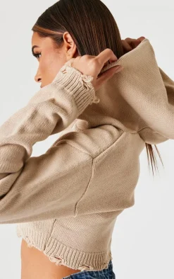 Mocha Knitted Zip Up Distressed Detail Cropped Sweater