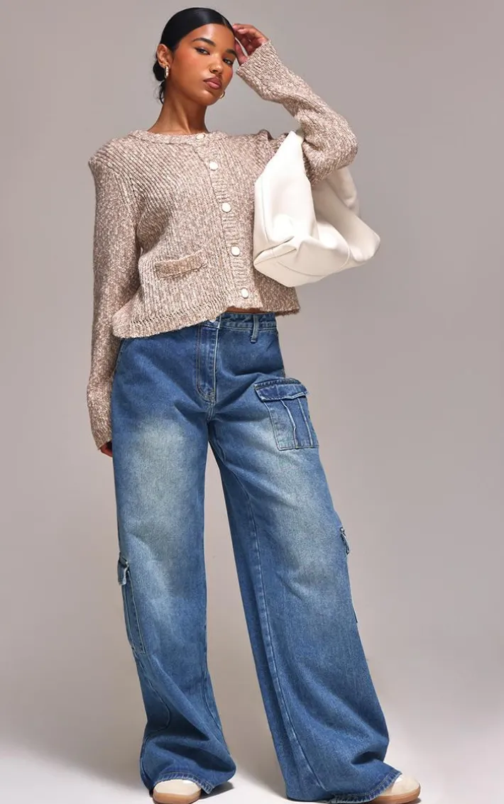 Mocha Marl Textured Bobble Knit Button Up Pocket Detail Cardigan