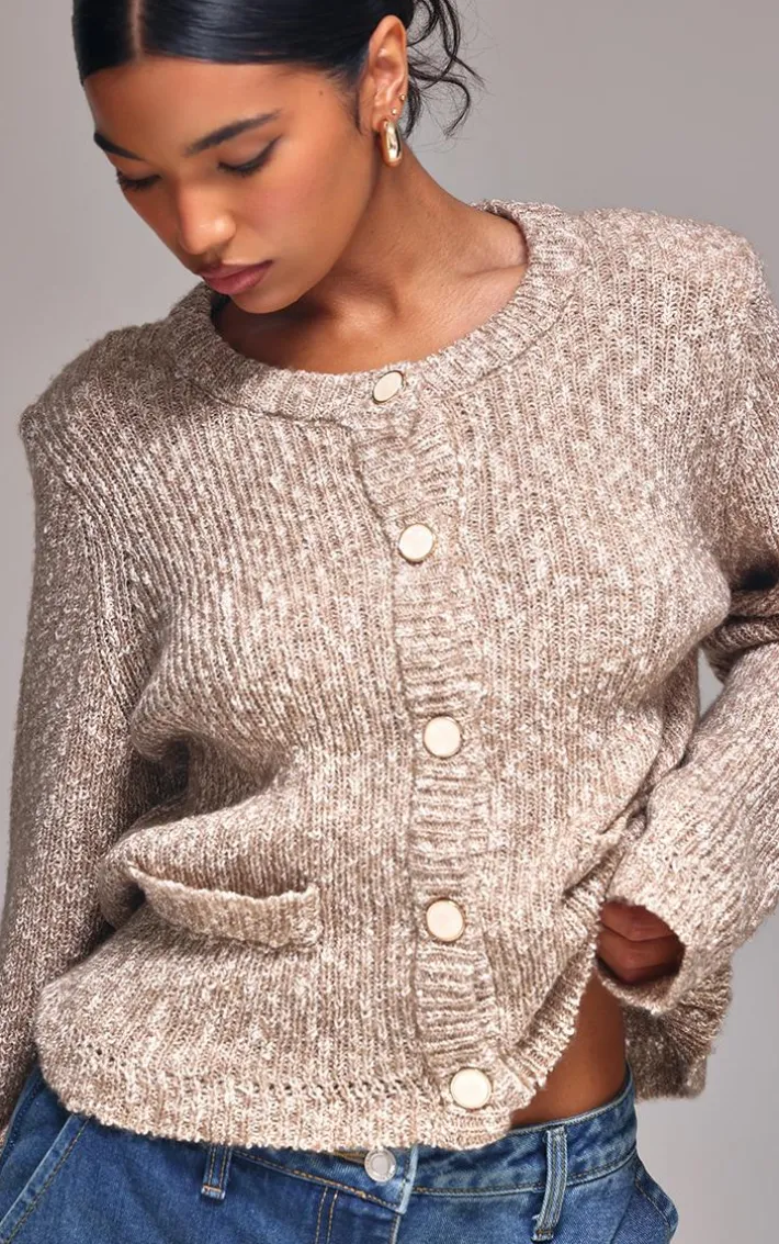 Mocha Marl Textured Bobble Knit Button Up Pocket Detail Cardigan