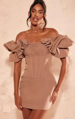 Mocha Pleated Corset Detail Puff Sleeve Bodycon Dress