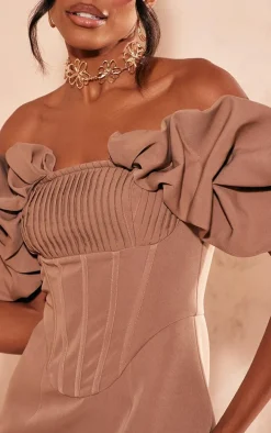 Mocha Pleated Corset Detail Puff Sleeve Bodycon Dress