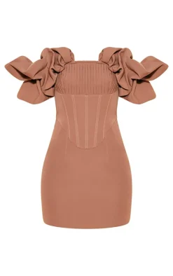 Mocha Pleated Corset Detail Puff Sleeve Bodycon Dress