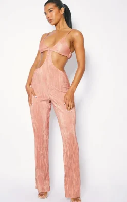 Mocha Plisse Knot Front Strappy Back Jumpsuit