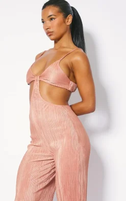 Mocha Plisse Knot Front Strappy Back Jumpsuit
