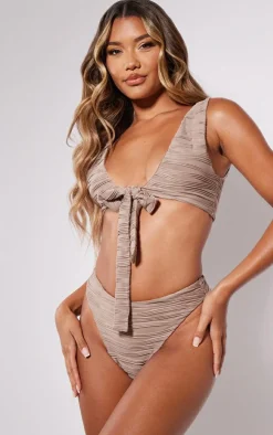 Mocha Plisse Tie Front Plunge Neck Bikini Top