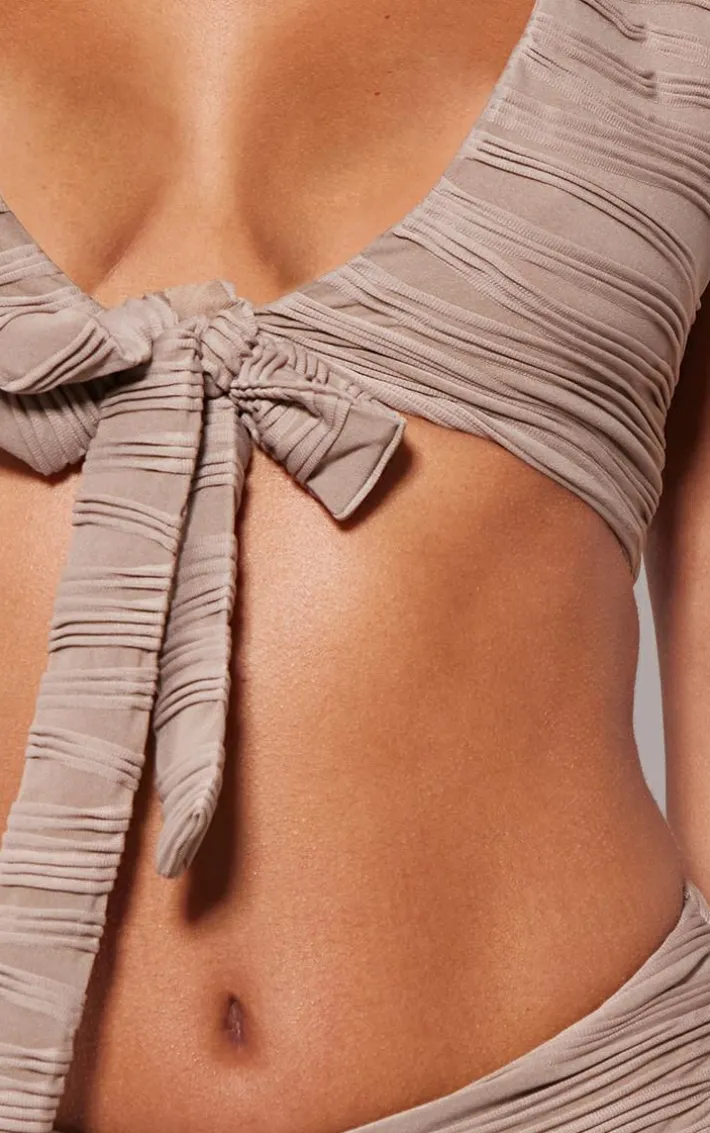 Mocha Plisse Tie Front Plunge Neck Bikini Top