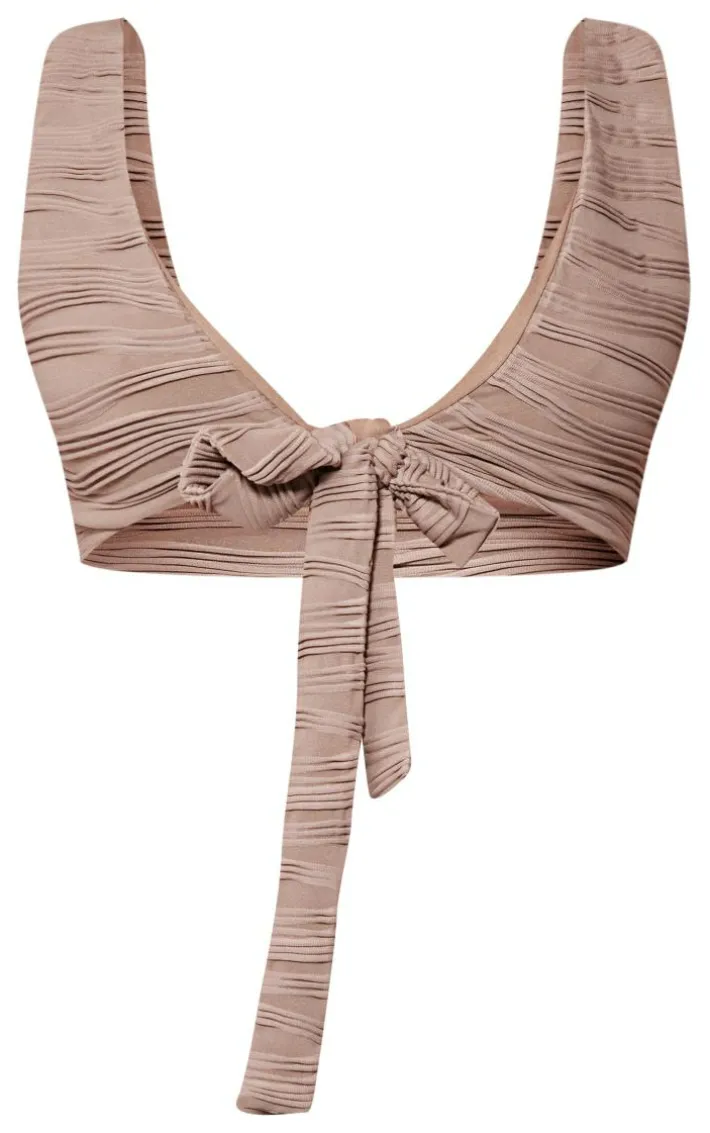Mocha Plisse Tie Front Plunge Neck Bikini Top